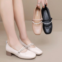 25新款真皮方头粗跟玛丽珍鞋女百搭时尚浅口四季单鞋女通勤工作鞋