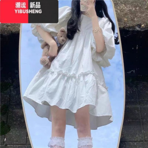 YIBUSHENG2024季新款宽松显瘦小清新泡泡袖纯色日系甜美软妹学院风连衣裙