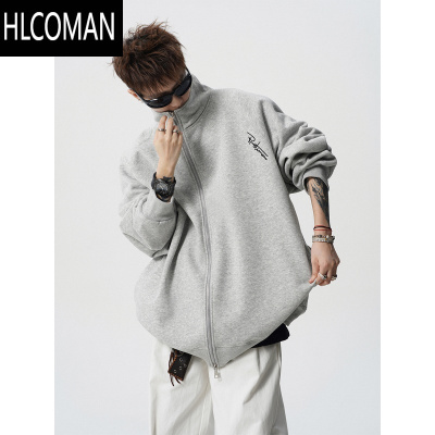 HLCOMAN美式灰色开衫卫衣男款冬季国潮刺绣加绒情侣外套复古休闲立领夹克