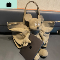 公仔爱上包 绣花公仔帆布包女黑灰色 单肩斜跨大容量学生托特包潮NEW LAKE女士单肩包