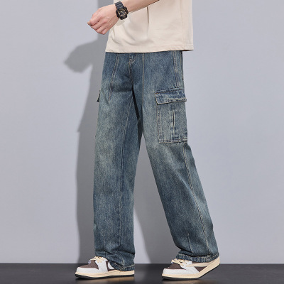 美式复古做旧工装牛仔裤男 双侧大口袋 宽松直筒阔腿裤 垂感男长