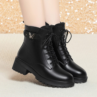 加绒马丁靴女冬季新款舒适妈妈鞋棉鞋粗跟防滑保暖中老年短靴