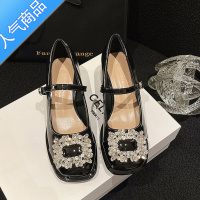 SUNTEK法式粗跟小香风气质单鞋女浅口一字扣玛丽珍高跟鞋配裙子中跟漆皮