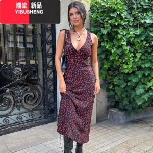 YIBUSHENG 法式复古风时尚无袖碎花连衣裙欧美辣妹深v露背修身长裙