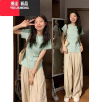 YIBUSHENG曼波薄荷绿短袖正肩t恤女2024新款季修身短上衣小众设计感穿搭