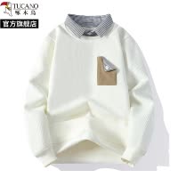 啄木鸟春秋冬季新款衬衫领假两件长袖套头厚棉T男士加绒大尺码打底衫