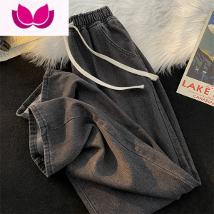 七斓日系抽绳牛仔裤男直筒宽松休闲长裤美式高街百搭阔腿裤子