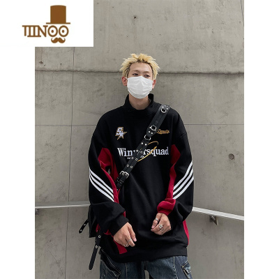 YANXUMaxDstr 美式复古黑红撞色圆领卫衣男宽松长袖潮牌高街上衣