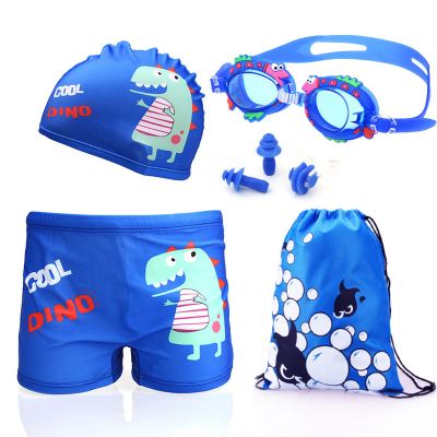 新款卡通儿童游泳衣男童泳裤大小童男孩平角裤+帽宝宝学游泳套装聿垣格