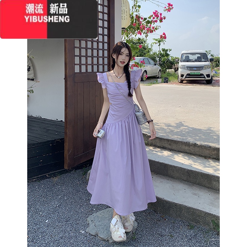 YIBUSHENG初恋系紫色飞飞袖连衣裙女季新款收腰心机镂空可盐可甜长裙子潮
