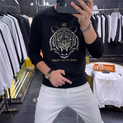欧洲站秋季新款套头卫衣男士时尚烫金老虎头圆领长袖上衣打底衫潮_1