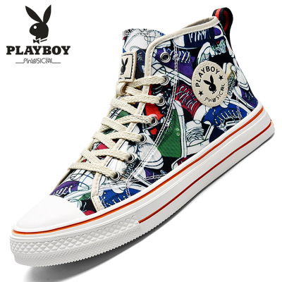 精选特卖厂家直营-花花公子男鞋2020夏季潮流高帮帆布鞋男鞋运动休闲韩版涂鸦滑板鞋