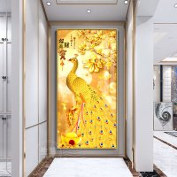 维诺亚玄关画进宝入户进门过道走廊壁画背景墙金色孔雀晶瓷挂画