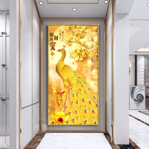 维诺亚玄关画进宝入户进门过道走廊壁画背景墙金色孔雀晶瓷挂画