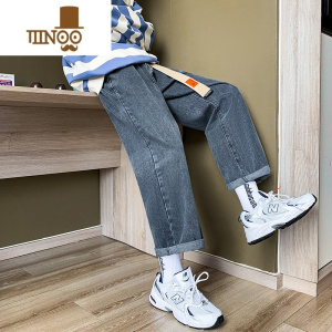 YANXU直筒牛仔裤男生夏季潮牌ins宽松bf风复古阔腿裤港风帅气九分裤子