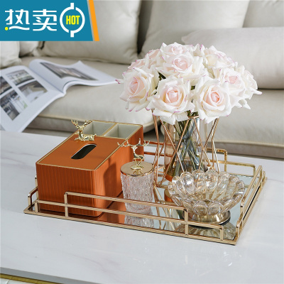 敬平北欧装饰纸巾盒轻奢茶几收纳盒套装客厅餐桌多功能收纳纸抽盒 橙色意式套装+粉边手感玫瑰+ 牙签罐+烟灰缸