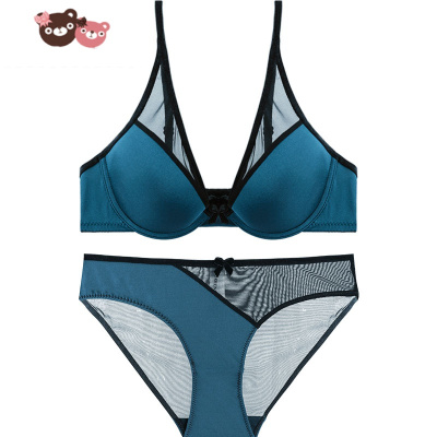 绿彩虹光文胸套装性感平小胸聚拢上托内衣内裤女夏季薄款收副乳胸罩