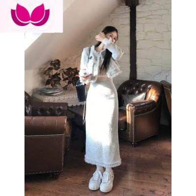 七斓气质名媛小香风套装女高级感编织流苏短外套高腰半身裙套