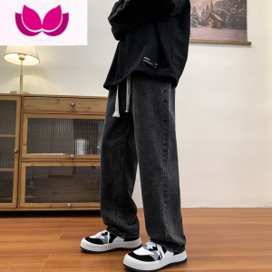 七斓复古阔腿牛仔裤男宽松直筒美式高街2022新款松紧腰休闲裤子