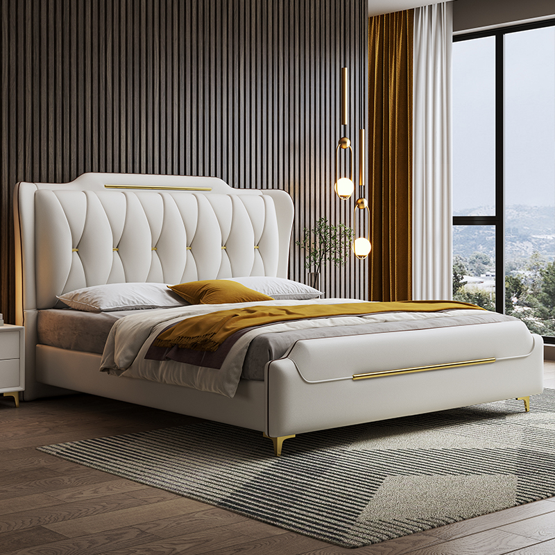 欧梵森 床 北欧轻奢皮床双人床1.8米主卧床实木床1.5m现代简约家用储物欧式大床意式极简皮艺床软包婚床卧室家具