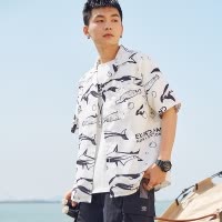 [99元2件]唐狮夏季新款男衬衫满印古巴领短袖衬衫少男士衬衣休闲高级