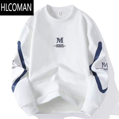 HLCOMAN男士长袖t恤宽松白色卫衣初中高中学生打底衫加绒上衣