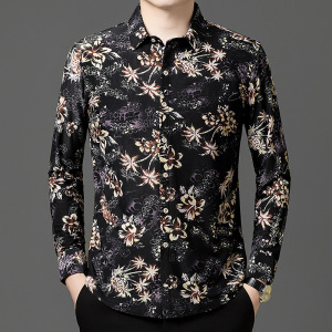 秋季男士长袖衬衫薄款印花衬衣半袖男青年休闲装印花衬衣
