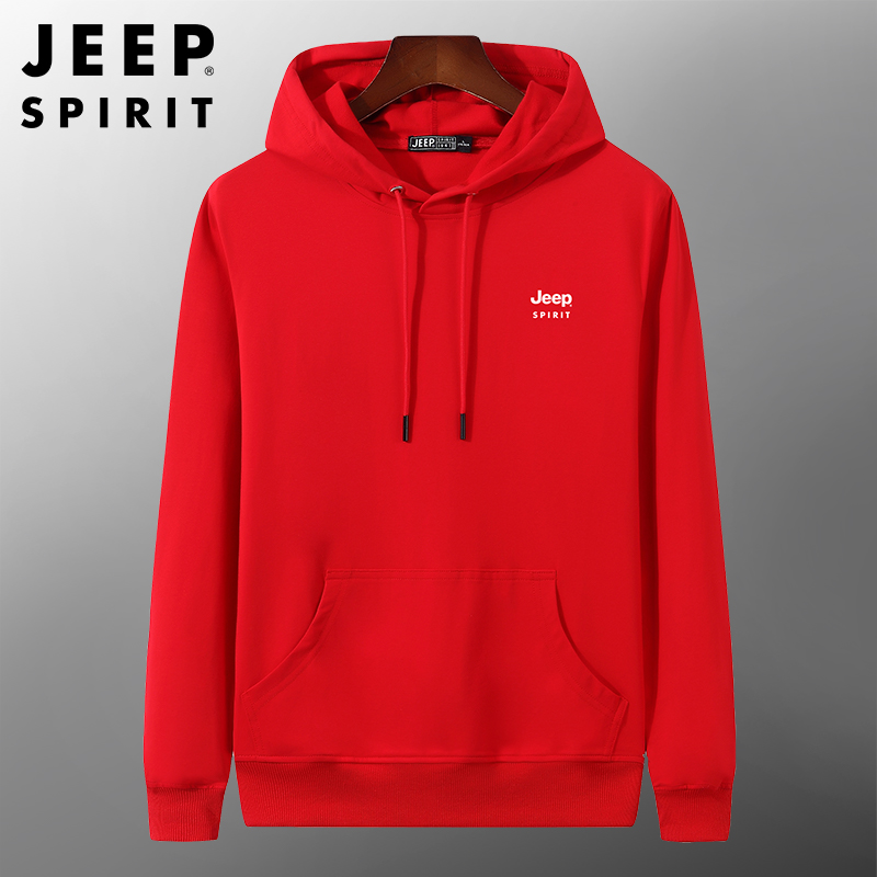 JEEP SPIRIT卫衣男秋季连帽运动男装纯色套头透气新款长袖上衣吉普潮款微弹打底衫