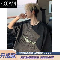 HLCOMAN砂洗钢印字母短袖T恤男夏季2025新款300g宽松五分袖