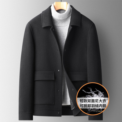 秋冬100%羊毛短款双面尼大衣男可脱卸羽绒内胆双面呢羊毛大衣外套_1
