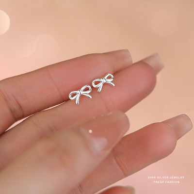 韩版s999纯银蝴蝶结耳钉女小众甜美气质精致小巧足银耳饰百搭代发送女朋友老婆情人节七夕生日礼物
