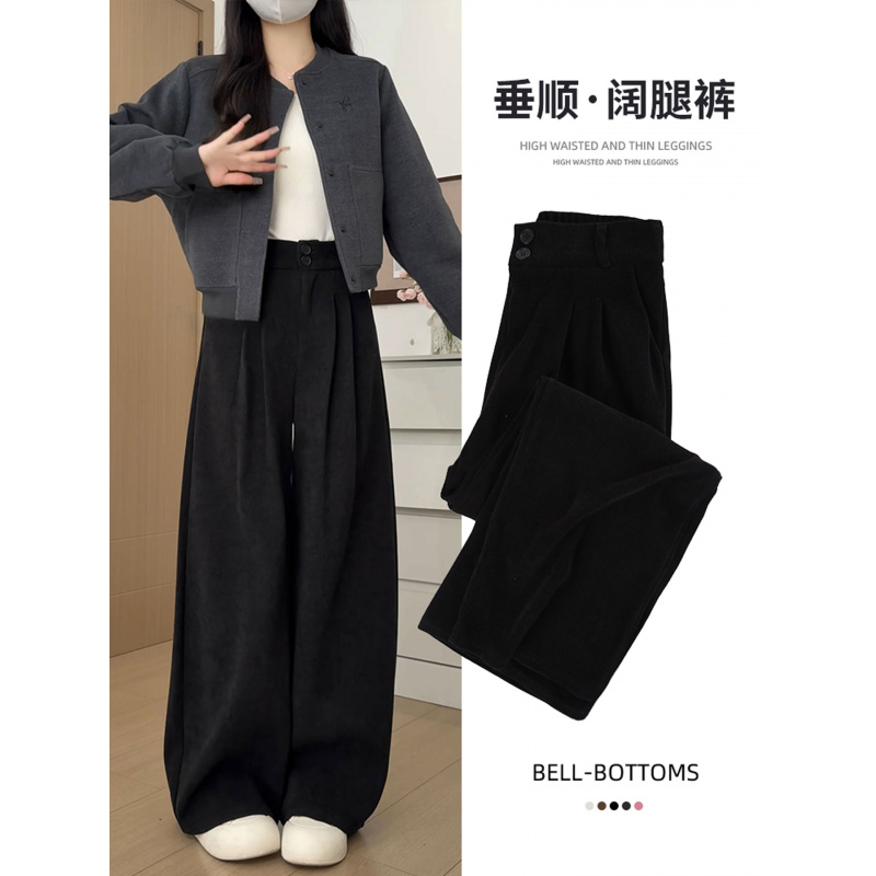 黑色灯芯绒阔腿裤子女新款秋冬季高级感垂感小个子直筒西装裤