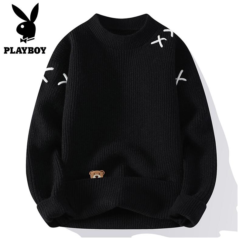 花花公子圆领毛衣男秋冬季新款宽松舒适青少年打底针织衫百搭线衣