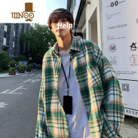 YANXU秋季新款日系毛呢格子长袖衬衣男士潮牌百搭休闲痞帅宽松衬衫外套