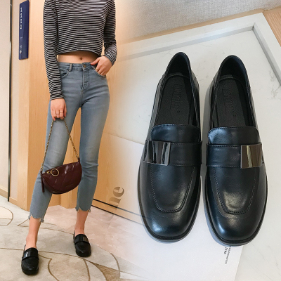 FISHBASKET皮小皮鞋女冬季黑色英伦风职业平底上班中跟软皮小黑加绒豆豆鞋休闲鞋