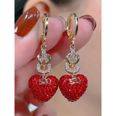 超闪红色满钻爱心耳环轻奢高级感小众独特耳扣气质高端大气耳饰女送女朋友老婆情人节七夕生日礼物
