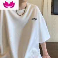 七斓华夫格短袖男夏季美式宽松圆领t恤潮牌贴标简约半袖情侣休闲体恤