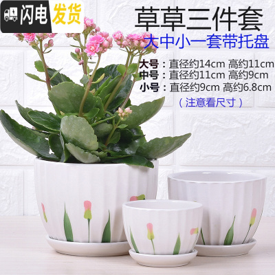 三维工匠花盆陶瓷特大号带托盘大号绿萝兰花家用多肉花盆 草草小号三件套(带托盘) 中等花盆容器
