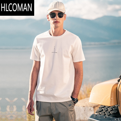 HLCOMAN 爽滑冰丝棉 夏季短袖T恤男欧美简约刺绣圆领半袖凉感体恤