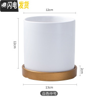 三维工匠陶瓷花盆哑光北欧黑白粉灰墨绿色圆柱形多肉盆绿萝鲜花盆栽带托盘 白色中号12cm(配托盘) 中等花盆容器