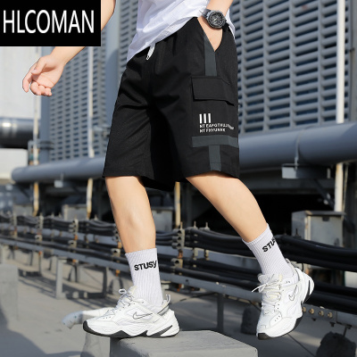 HLCOMAN男夏季薄款拼接撞色潮流休闲五分工装短裤宽松潮牌直筒运动沙滩裤