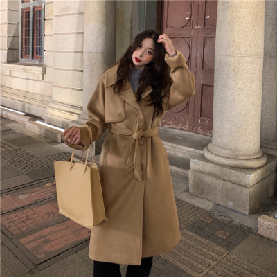 FISHBASKET韩版2020新款西装领宽松收腰夹棉加厚长袖毛呢外套女气质大衣毛呢外套