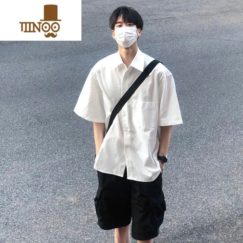 YANXU白色短袖衬衫夏季薄款设计感衬衣男潮流百搭上衣潮牌帅气港风外套