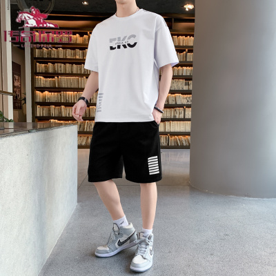传奇保罗2021夏季薄款短袖套装男五分短裤两件套休闲t恤男生宽松运动一套