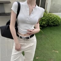2025夏季新款美式纽扣半开领短袖T恤女上衣修身褶皱短款打底衫潮
