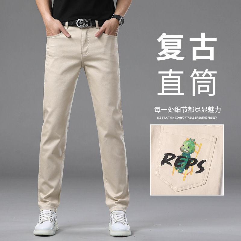 春夏季男士休闲长裤弹力修身小直筒裤后口袋印花工艺潮流