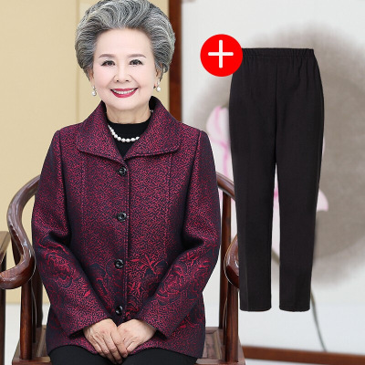 迪鲁奥（DILUAO)中老年人秋装女60-70岁80奶奶春秋装妈妈开衫上衣老人衣服红色(上衣+裤子)L建议70-90斤