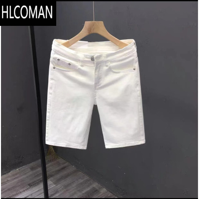 HLCOMAN白色短裤男装夏季简约休闲弹力五分牛仔裤修身净版青年棉质裤子潮