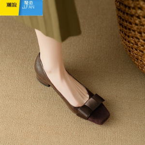 聚范法式复古小香风四季粗中跟瓢鞋女2024新款方头蝴蝶结单鞋