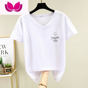 七斓v领t恤女大码夏装胖mm宽松显瘦正肩上衣短袖200斤遮肚体恤衫